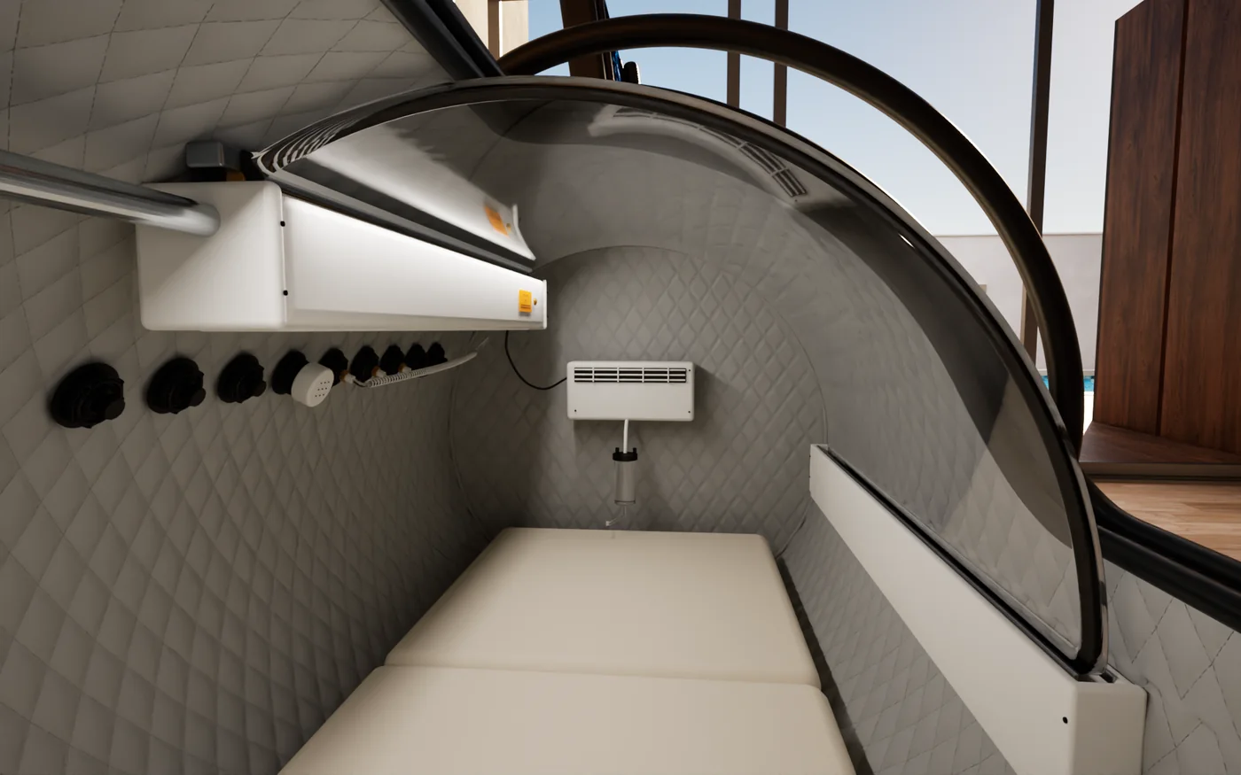 Inside the Superhuman L1 through the open door: White quilted walls, the mattress and the control panel